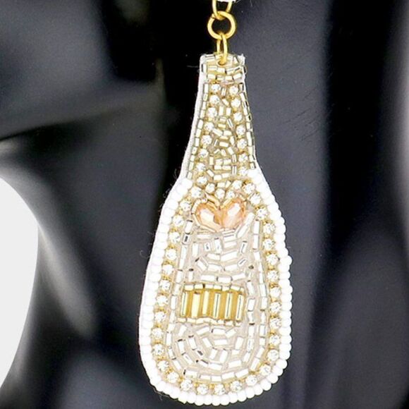 Champagne Bottle Silver & Gold Seed Bead Earrings - Picture 3 of 6